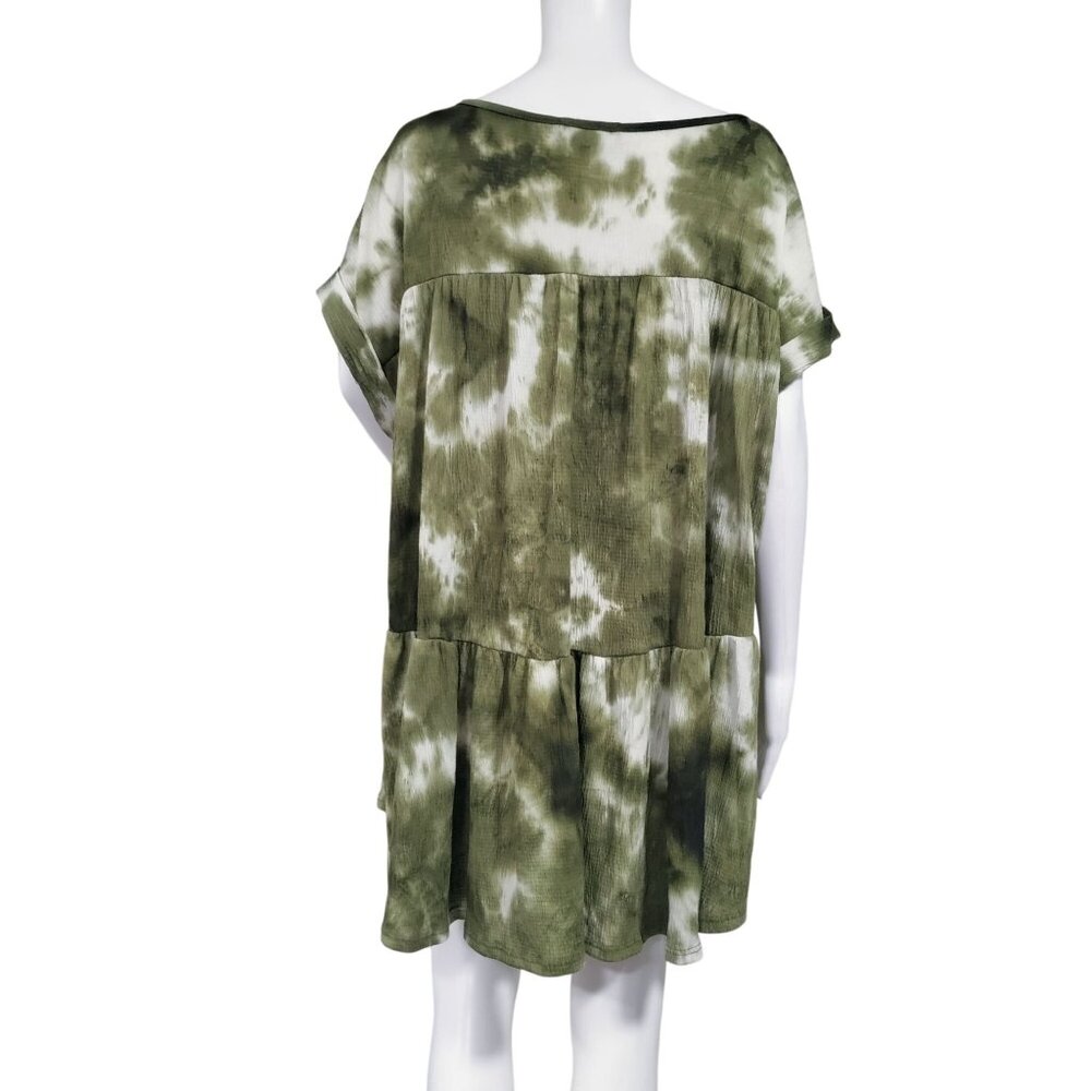 Dar Mode Boho Geometric Tie Dye Short Sleeve High Low Tunic Blouse Green 3XL - Picture 2 of 12